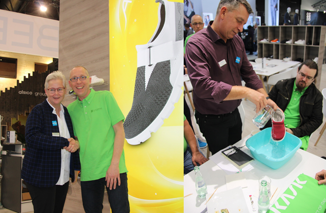Fröhlicher Plausch mit Barbara Lehnert-Bauckhage, Geschäftsführerin von ABEBA. Die neuen Schuhe sind wasserabweisend, was sofort demonstriert wurde. (Foto © DKB)